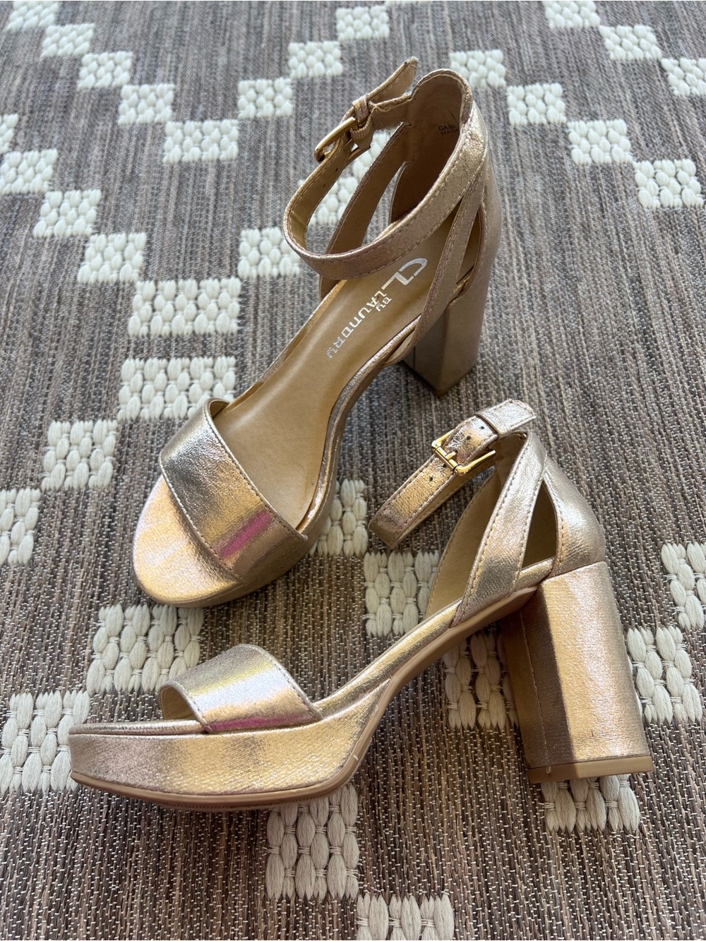 Metallic Gold Block Heel Sandals with Ankle Strap Size 5.5